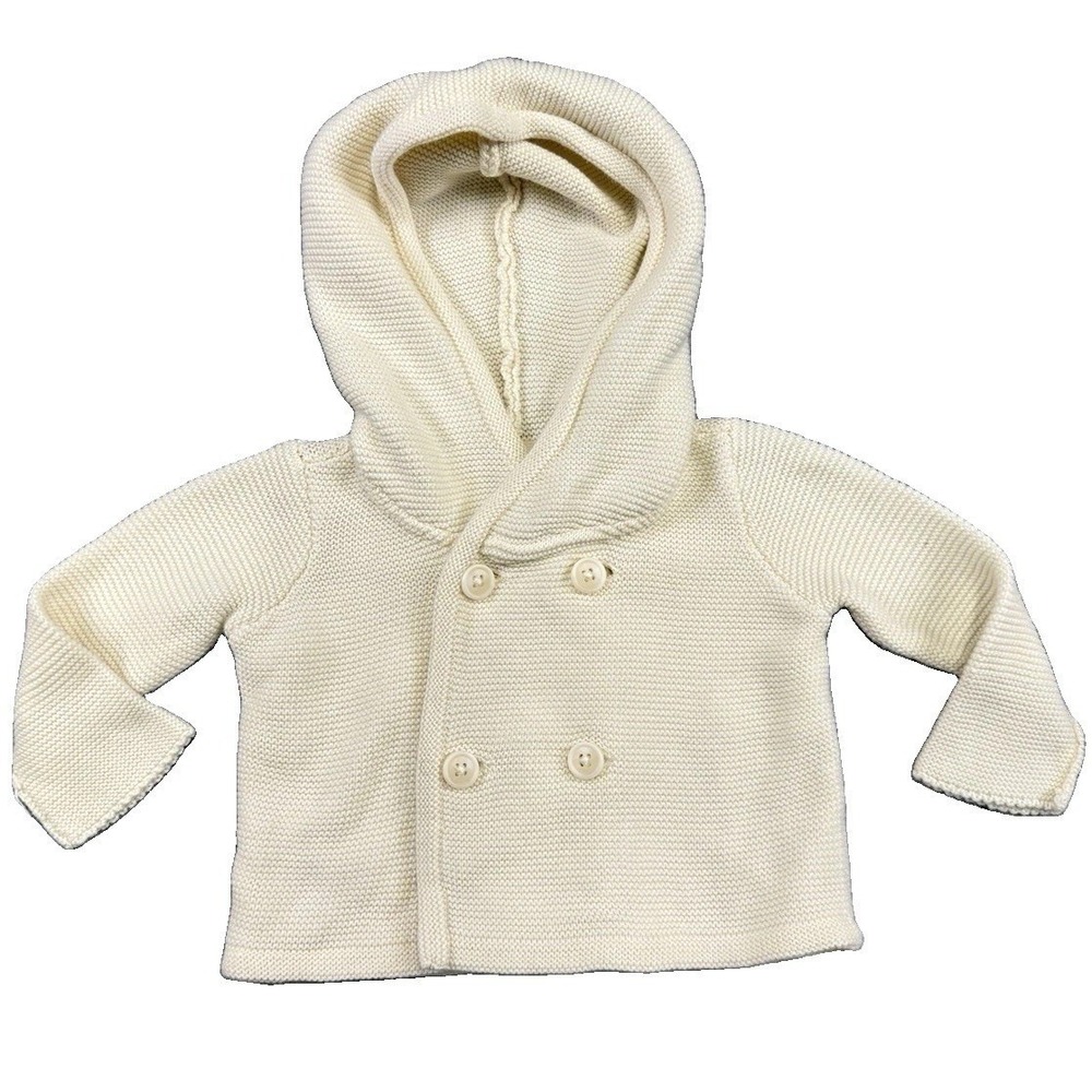Tea Collection Baby Girl Ivory Knit Cardigan Sweater Top w/ Hood Sz 0-3 Mo